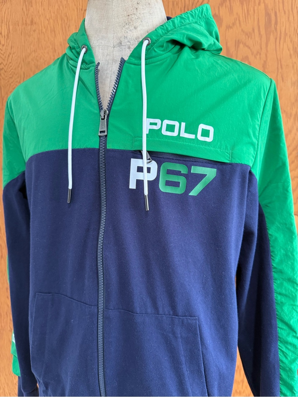 Men’s size Large Ralph Lauren Polo P67 Green & Navy Zip Up Performance Hoodie
